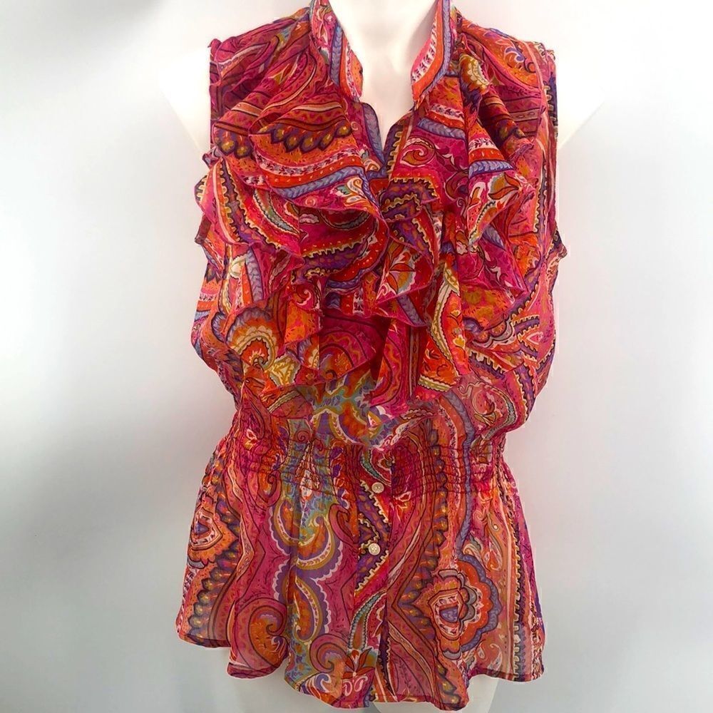 Grace Elements sleeveless sheer paisley ruffled top